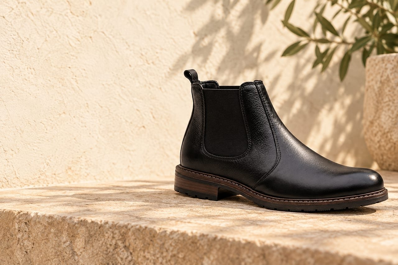 Bota Chelsea Negra en una composición editorial de primavera