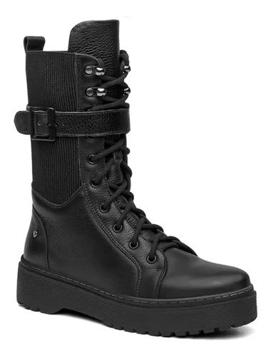 Bota De Dama Borcego De Caña Larga Negro Cuero Legitimo