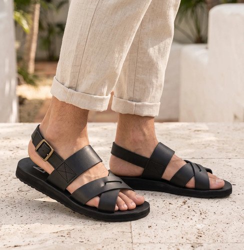 Sandalia Masculina Negra De Cuero Legitimo - Imagen 3